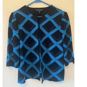 Women's Ming Wang Blue Black Diamond Print Knit Cardigan Jacket Size PM